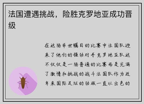 法国遭遇挑战，险胜克罗地亚成功晋级