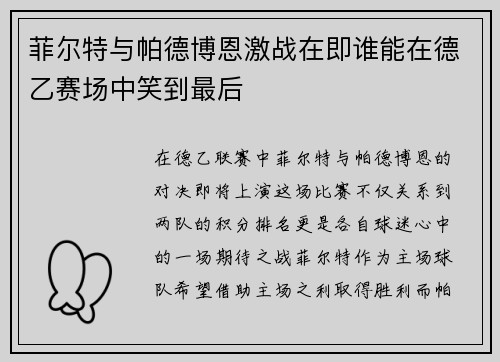 菲尔特与帕德博恩激战在即谁能在德乙赛场中笑到最后