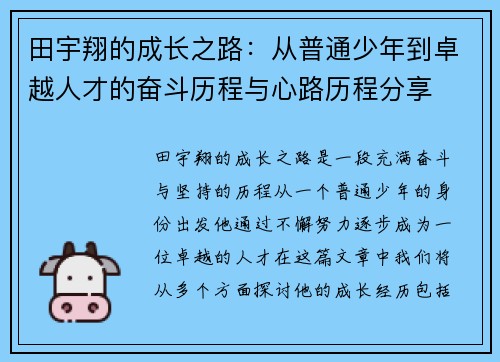 田宇翔的成长之路：从普通少年到卓越人才的奋斗历程与心路历程分享