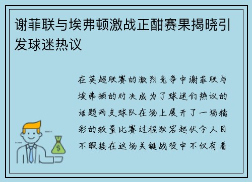 谢菲联与埃弗顿激战正酣赛果揭晓引发球迷热议
