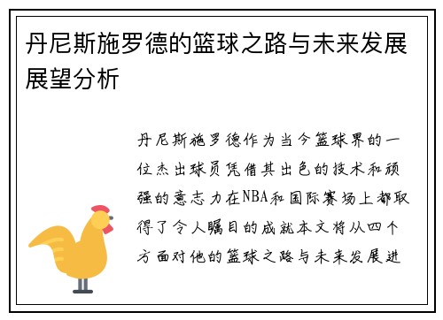 丹尼斯施罗德的篮球之路与未来发展展望分析