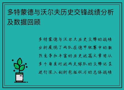多特蒙德与沃尔夫历史交锋战绩分析及数据回顾