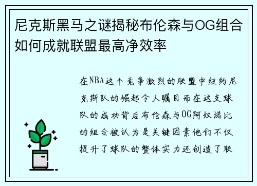 尼克斯黑马之谜揭秘布伦森与OG组合如何成就联盟最高净效率