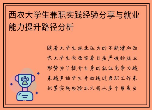 西农大学生兼职实践经验分享与就业能力提升路径分析
